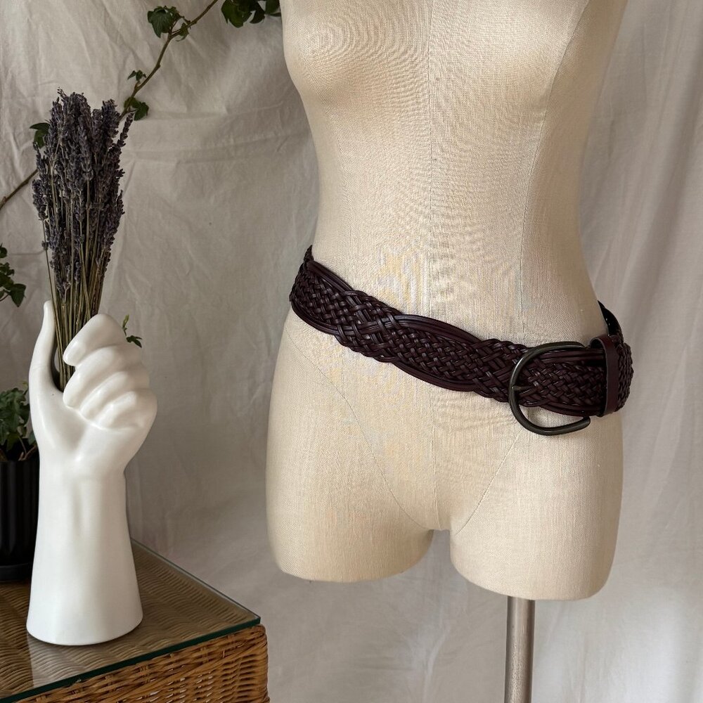 Reddish Brown Intricate Braided Leather Belt Large Tarnished Buckle